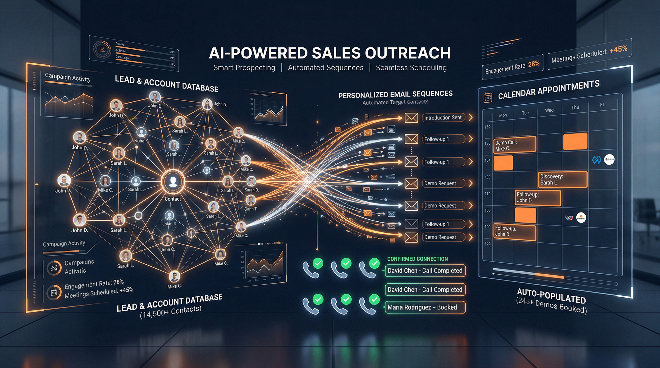 AI-powered outreach system showing automated lead qualification, email sequences, and calendar booking