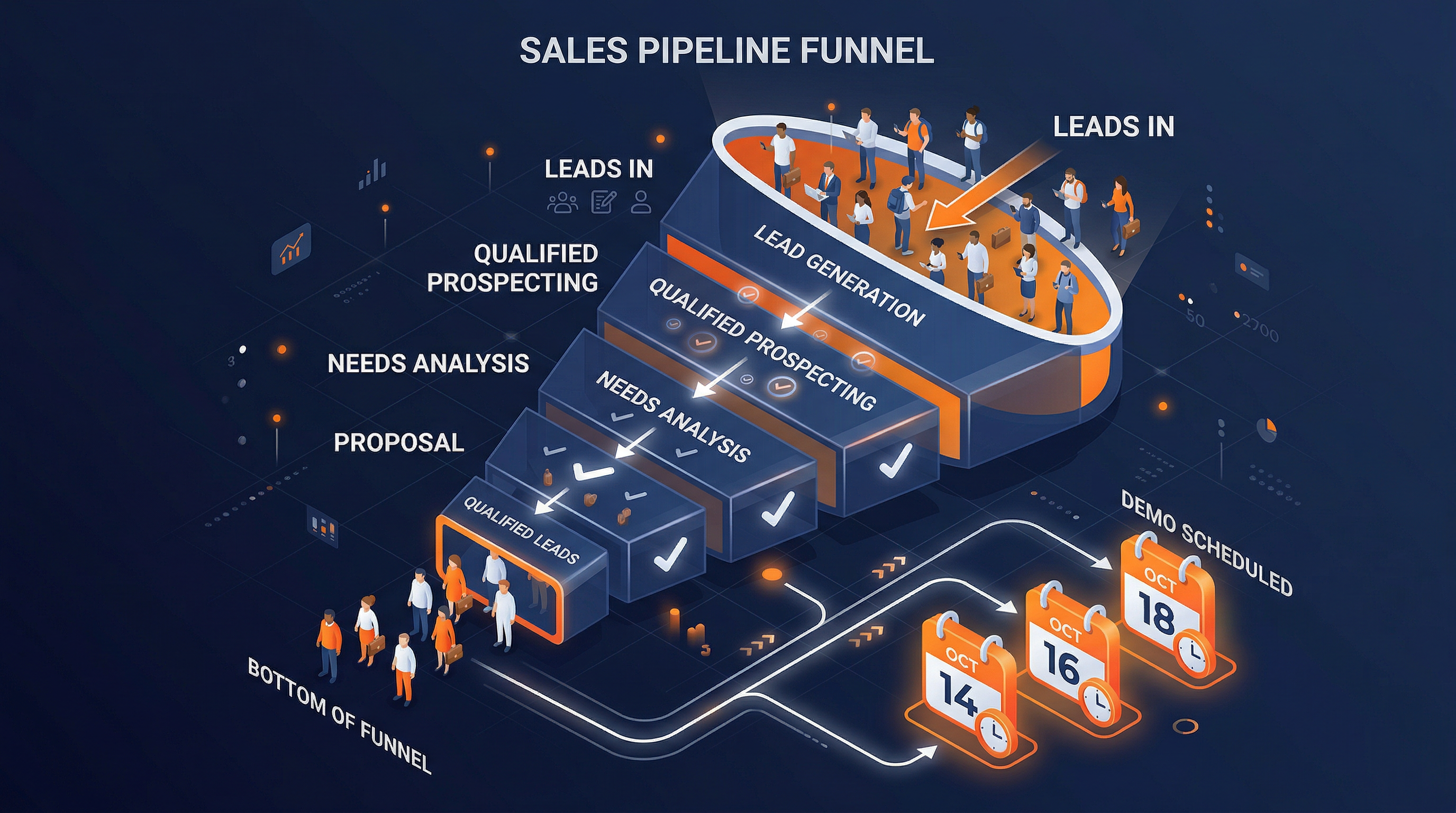 Isometric sales pipeline funnel showing lead flow from prospecting through qualified appointments