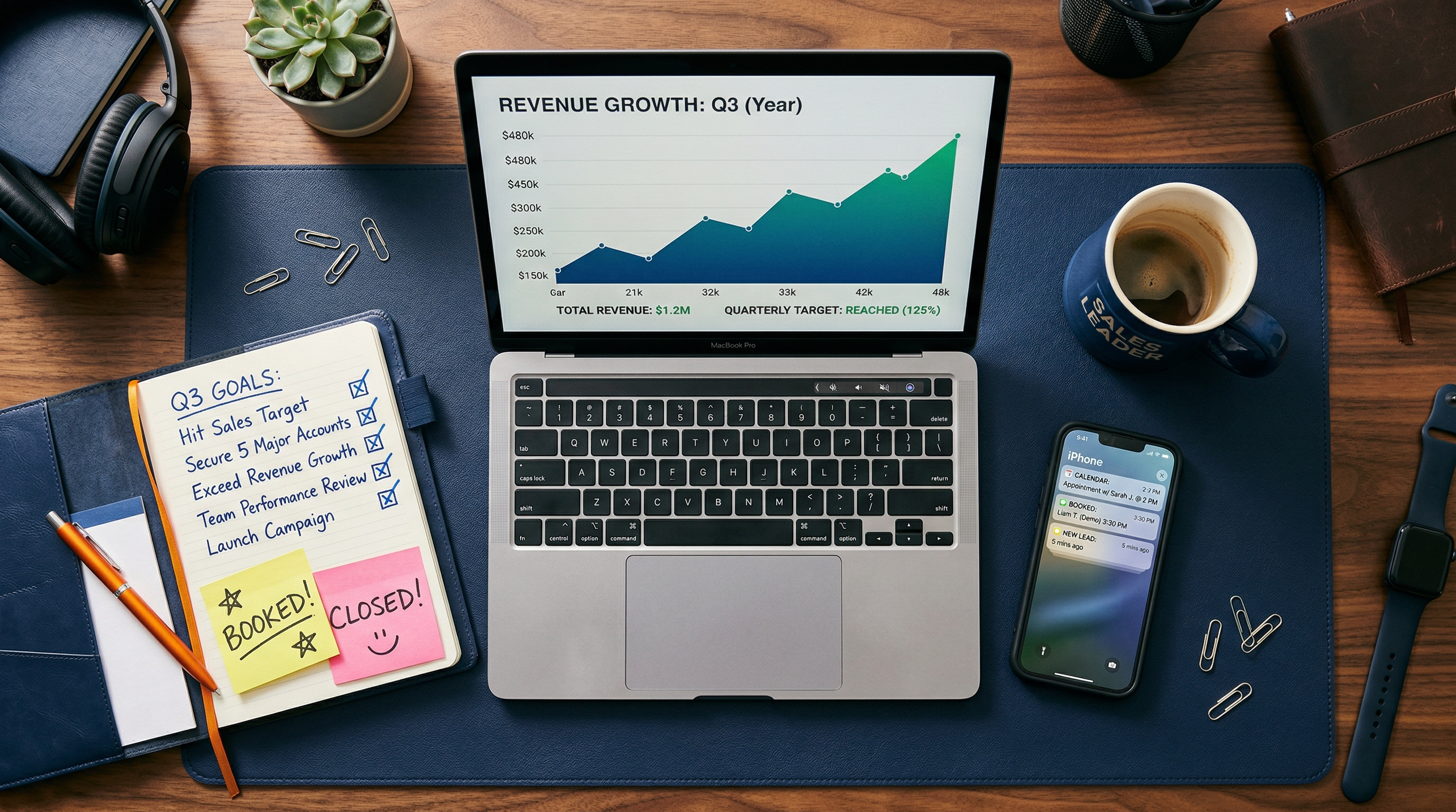 Desk flat lay showing laptop with revenue growth graph and goals checklist — representing KnockFirst client results